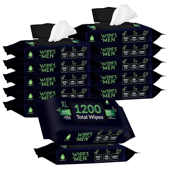 Pursonic Soft Mint Scented Flushable Wipes for Men - 12 Pack (1200) Plant Based Face and Body Wipes with Aloe Vera & Vitamin E - Extra Large Wipes for Gentle & Thorough Cleansing