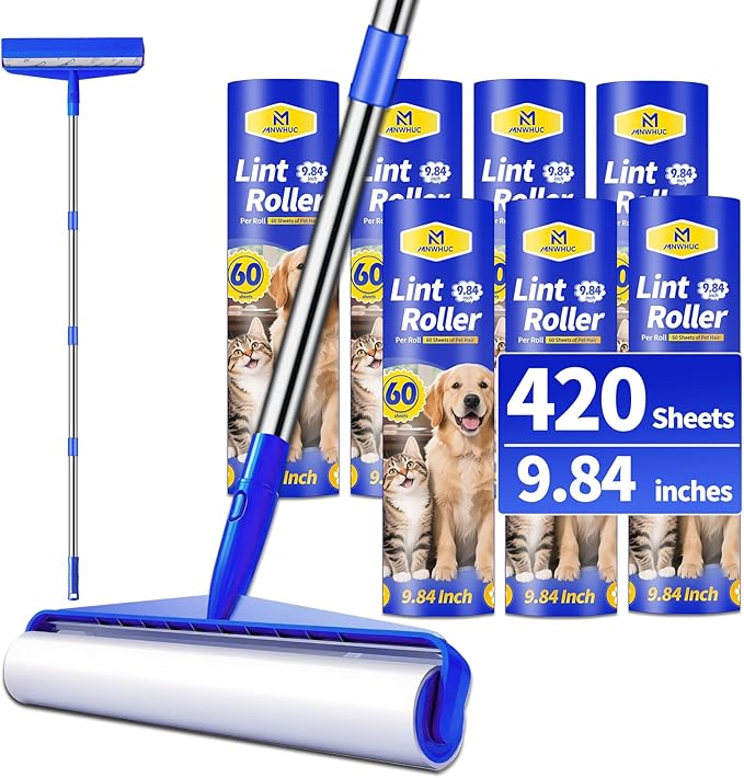 9.84" Large Extra Sticky Lint Roller, 58.3" Long Handle Lint Remover with 7 Rollers for Clothes, Cat Dog Pet Hair, Furniture, Couch, Carpet, Floor，Painted Wall Cleaner Mop Dust Cleaning