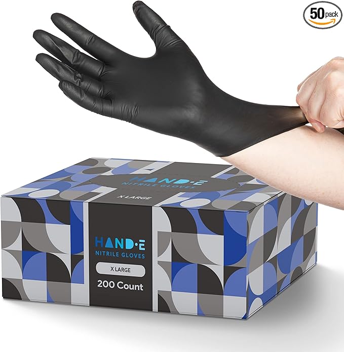 Hand-E Touch Nitrile Black Disposable Gloves X-Large, 50 Count - BBQ, Tattoo, Hair Dye, Cooking, Mechanic Gloves - Powder and Latex Free