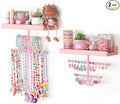 Keebofly Jewelry Organizer Wall Mounted Hanging with Wooden Shelf for Kids, Girls, Teens, Jewelry Holder Storage Display for Earring, Necklace, Bracelet, Bow, Pink, (Patented)