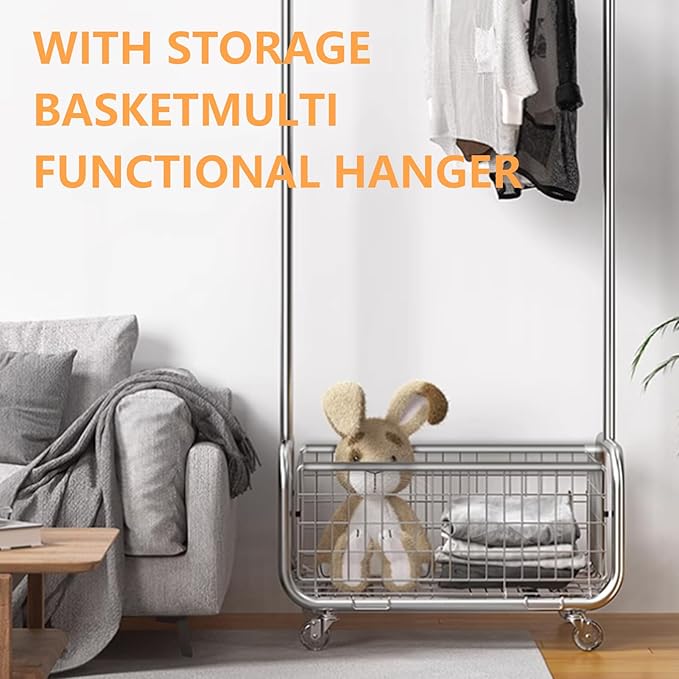 AUGMIRR Garment Rack With Storage Baskets,Clothing Rack for Hanging Clothes, Multi-functional Bedroom Clothes Rack with Wheels for Bedroom, Living Room, Easy Assembly (40inch lenght)