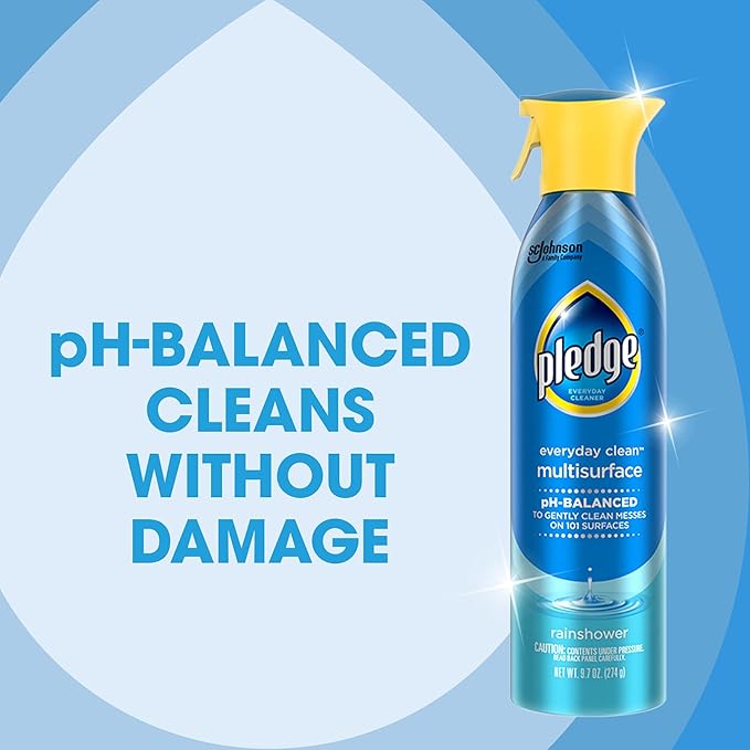 Pledge pH-Balanced Multisurface Spray, Gently Clean 101 Surfaces, Remove Dust and Messes, No Residue - Rainshower Scent, 9.7oz