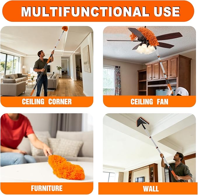 36FT Reach Duster Cleaner Kit, Dusters for Cleaning with Extension Pole, Baseboard & Wall and Window Cleaner Mop for Fan Blades, High Ceiling and Cobweb