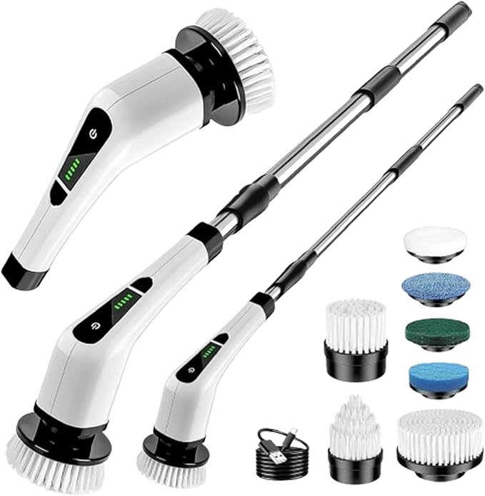 Electric Spin Scrubber, Cordless Cleaning Brush with 2 Speeds, Power Scrubber with 7 Replaceable Brush Heads and Extension Handle, Power Cleaning Brush for Floor Tile,Bathroom,Shower Bathtub,Glass,Car