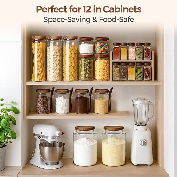 ComSaf 3Pcs (1.7Qt) Airtight Glass Pasta Storage Containers with Acacia Wood Lids, Tall Pantry Storage Container for Organizing Spaghetti and Pasta, Thick Glass Spaghetti Container with Pasta Labels