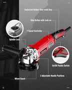 AVID POWER Angle Grinder 4-1/2 Inch 8.0 Amp 1000W Electric Grinder Tool 7-Variable-Speed Metal Grinder, 11,500 RPM, Paddle Switch with Lock-on Button, Cutting & Grinding Wheels and Side Handle - Red