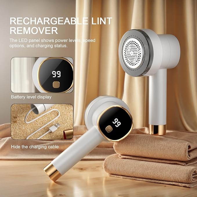 Electric Lint Remover with LED Display, Rechargeable Fabric Shaver, Lint Shaver, 6-Blade, 3-Speed Defuzzer Remove Fuzz, Pills for Clothes, Upholstery, Furniture