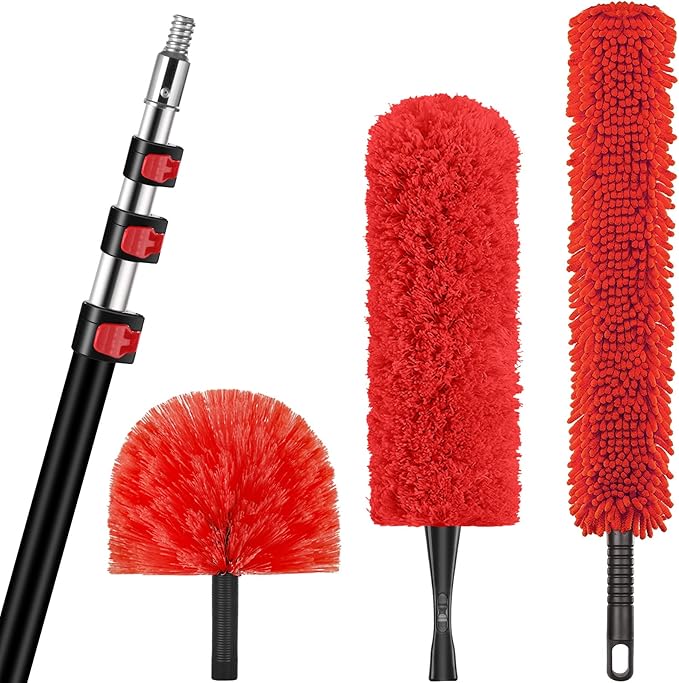 30 Foot High Reach Dusting Kit with 6-24 Foot Extension Pole // High Ceiling and Cobweb Duster with Telescopic Pole // Microfiber and Outdoor & Indoor Extendable Duster Cleaning Kit