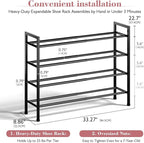 Bumusty 4-Tier Expandable Shoe Rack for Closet, 18“-33” Adjustable Shoe Rack for Small Space, Small Shoe Organizer for Front Door, Sturdy Metal, Black