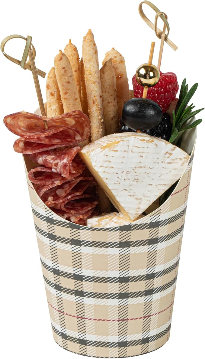 Restaurantware Bio Tek 12 Ounce French Fry Containers 100 Disposable Charcuterie Cups - Incline Design Round Plaid Paper French Fry Cups Stackable For Waffles Chips or Popcorn