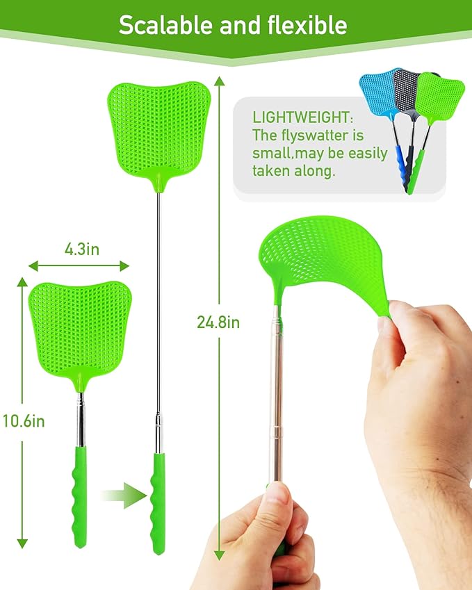 Wapodeai 3 pcs Fly Swatter, Fly Swatters Plastic Telescopic, Large Bug Swatter That Work for Indoor and Outdoor. (Black Blue Green)