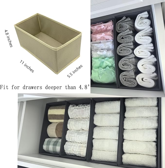 Bructhun Sock Drawer Organizer 6 Pack - Collapsible Fabric Storage Bins for Underwear Divider, Small Closet Organizers with 6 Compartments, Khaki