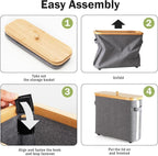 Bamboo Toilet Paper Organizer for Bathroom - Collapsible Storage Basket with Lid, Handle & Non-Slip Bottom, Gray