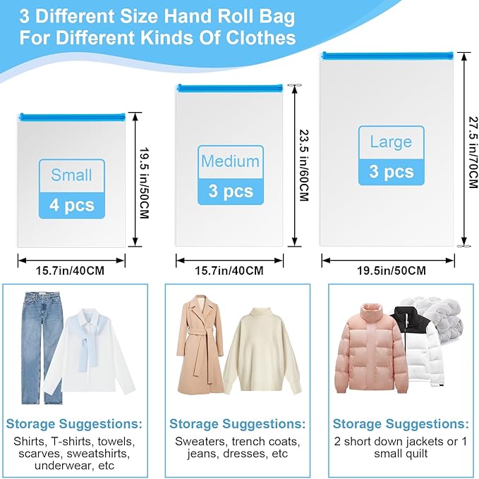 10 PCS Compression Bags for Travel Essentials, 3 Sizes Space Saver Bags, No Vacuum or Pump Needed, Roll Up Vacuum Packing for Clothing Storage, Cruise Accessories, Luggage & Home Organizers