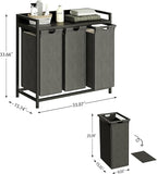 Herture Laundry Hamper with Shelf, Laundry Basket 3 Section, Laundry Sorter with Pull-Out Removable Large Bags and Movable Wheels, Metal Frame, 3 x 15.87 Gallons (60L), Black and Gray PF04XLC