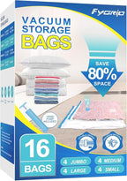 Fygrip Vacuum Storage Bags with Hand Pump, Plastic Packaging Bags, 80% Space Saver Vacuum Seal Bags for Clothing, Travel Lugggage, Blankets, Comforters, 16 Combo
