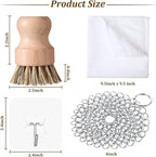 Patelai 7 Pieces Cast Iron Cleaner Set Include Stainless Steel Chainmail Scrubber with Bamboo Dish Scrub Brush Hot Handle Holder 2 Pan Grill Scrapers Kitchen Towel Wall Hook (Classic Color)