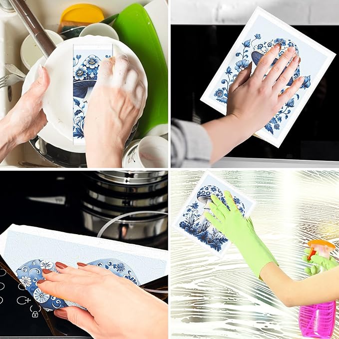 Blue Mushroom Swedish Dishcloths for Kitchen - 6PCS Mushroom Swedish Cloths for Washing Dishes, Reusable Dish Towels Gift for Home Party Cleaning, Funny Washable Cleaning Sponge Quick Drying