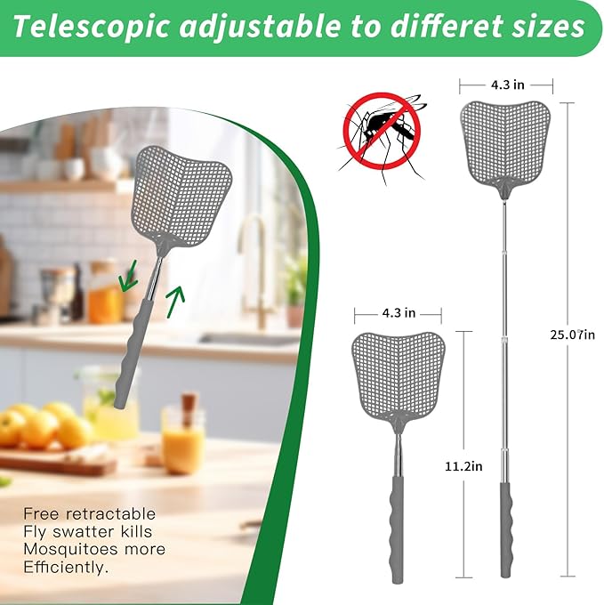 MYSTICHOME Fly Swatter 1 Pack, Durable Heavy Duty Plastic Fly Swatters, Stainless Steel Telescopic FlySwatter for Indoors/Outdoor/Kitchen/Garden (Grey)