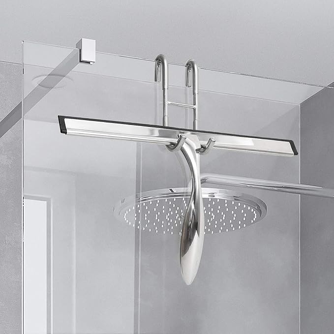 Simtive 14-Inch Shower Squeegee Set, Includes Shower Door Hook and Adhesive Hook, Squeegee for Shower Doors, Mirror and Window, Silver