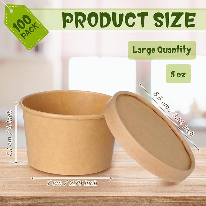 Fulmoon 100 Pack Paper Soup Containers with Lids Disposable Paper Food Containers with Vented Lids Kraft Ice Cream Bowls Ice Cream Cups Soup Cup for Restaurants (5 oz,Brown)