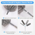 Microfiber Feather Duster Kit with Extension Pole, 7 PCS Washable Reusable Duster for Cleaning, 100'' Bendable Extendable Long Duster with Stainless Steel Pole for High Ceilings, Fans, Furniture & Car