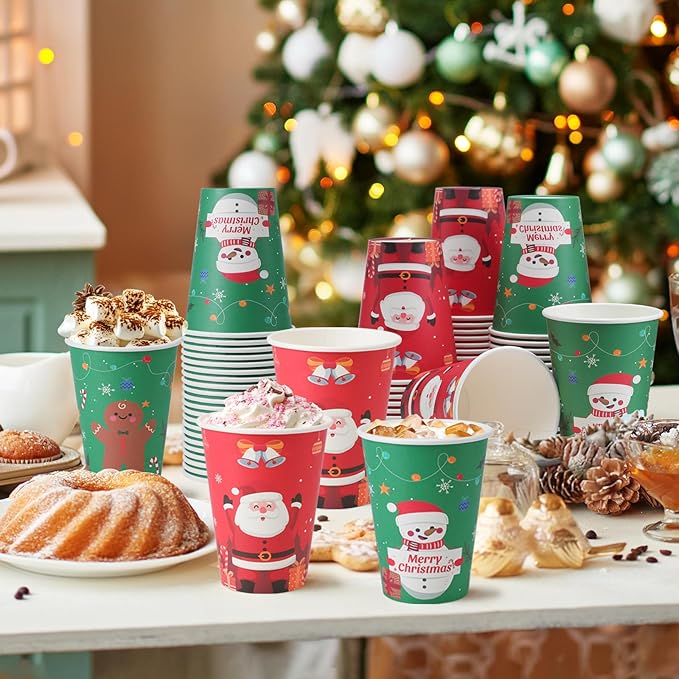Lamosi 100 Pack Christmas Paper Cups 12 oz, Disposable Coffee Cups Hot/Cold Beverage for Holiday, Party, Cafe, Restaurant, Office and Home