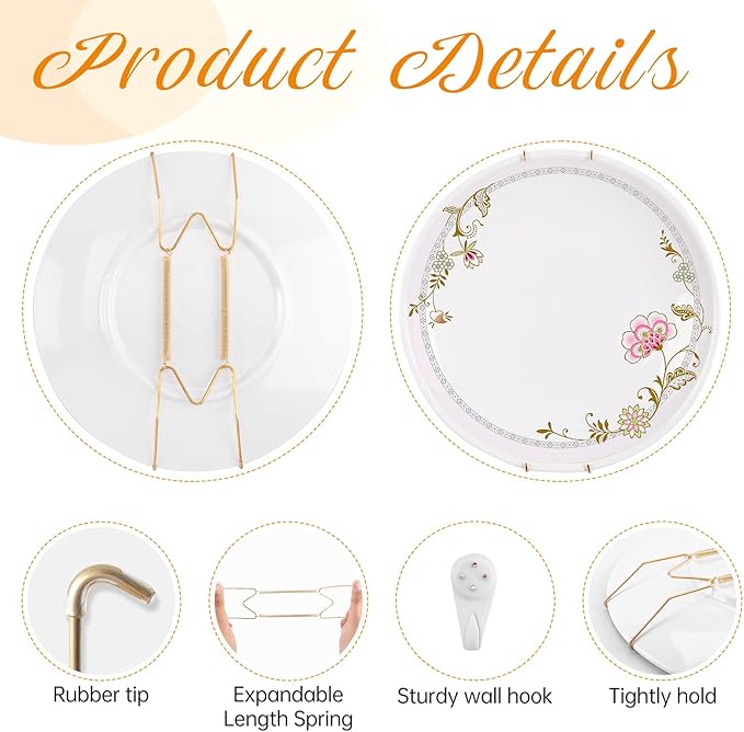 3 Pack Plate Hangers for The Wall, Suitable for 12-16 inch Art Plate, Stainless Steel Invisible Heavy Duty Wire Plate Holder with Wall Hooks, Plate Hangers for Displaying Plates, Platter, Dish, Gold