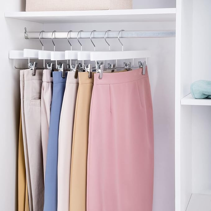 Nature Smile Wooden Pants Hangers Wood Bottom Jeans Skirt Hanger with Clips Anti Rust Hook Pack of 10 (White)