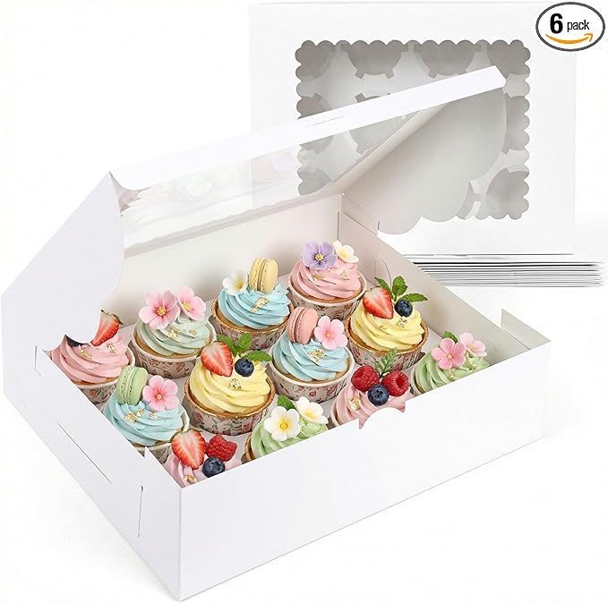 VGOODALL 6PCS White Cupcake Containers, 12 Count with Window Boxes Holding 72 Pastry Box for Birthday Holiday Party Bakery Supplies