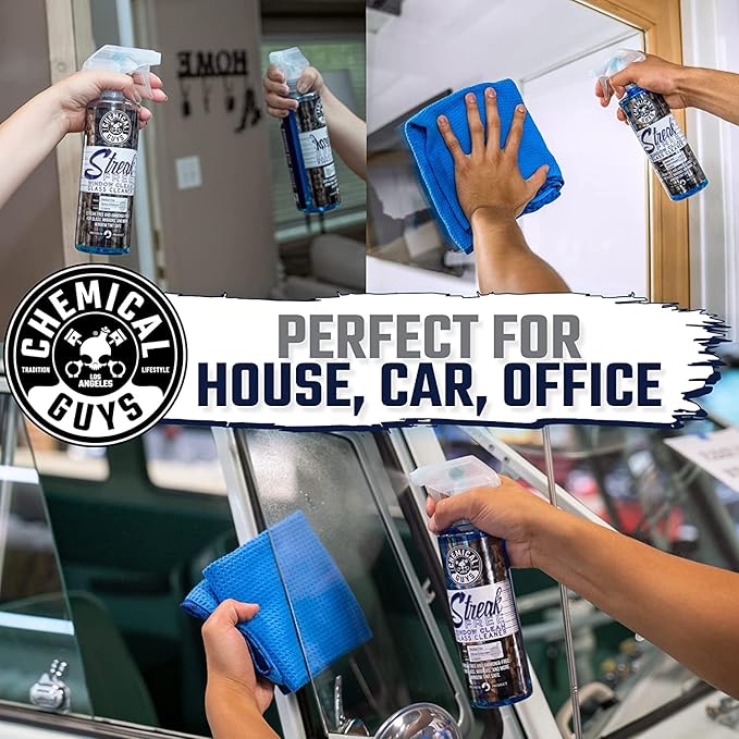 Chemical Guys Streak Free Glass & Window Cleaner (Glass, Windows, Mirrors, Nav Screens & More) Ammonia Free, 16 fl oz + Waffle Weave Glass and Window Microfiber Towel, Blue (24"x16")