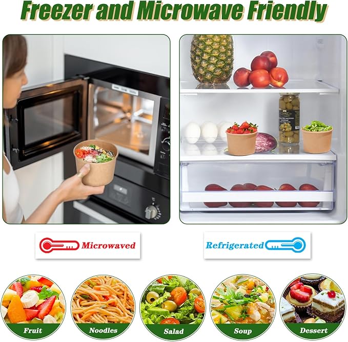 DI QIU REN 8oz Paper Soup Container Cup with Vented Lids, Disposable Paper Food Container Kraft Dessert Bowl Soup Bowls, Microwavable and Freezer Safe for Hot Soup, Ice Cream (50 Pcs - Kraft, 8 oz)