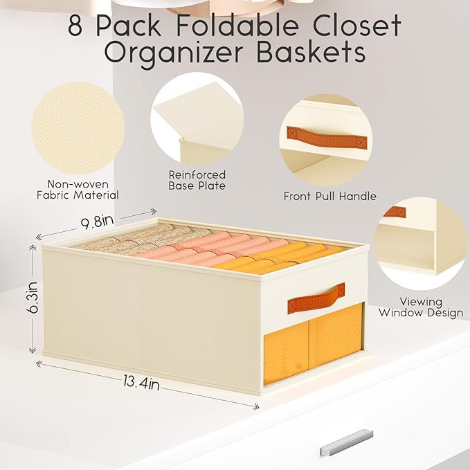 Homsorout Drawer Organizers and Storage - 8 Pack Foldable Pants Organizer with Clear Window & Handles, Fabric Closet Organizer for Clothes, Jeans, Sweaters, Towels, T-shirt, Scarf (Beige)
