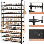 LANTEFUL Tall Shoe Rack 10 Tier Shoe Organizer Large Shoe Shelf with 18 Hooks Storage for 50 Pair, Stackable Vertical Shoe Rack Organizer for Closet, Entryway, Bedroom