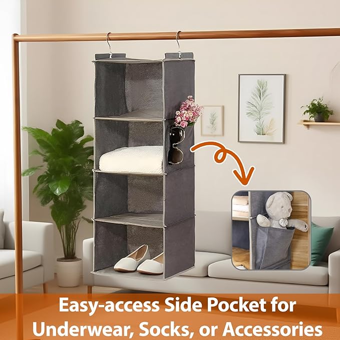 Hanging Closet Organizer 4 Shelf - Hanging Cube Organizer with Pockets, Sweater Shoe Storage, Max Storage for RV Closet, Grey (1)
