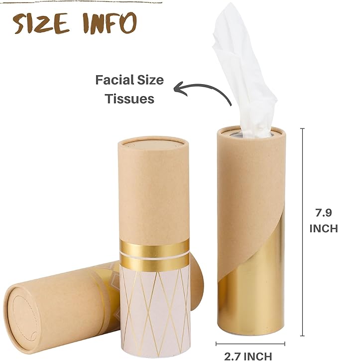 Car Tissue Holder with 3-ply Facial Tissues Bulk Gold Foil Car Tissues Cylinder, Tissue Holder for Car, Travel Tissues for Car Cup Holder, Refill Car Tissue Box Round Container Kraft (3PK)