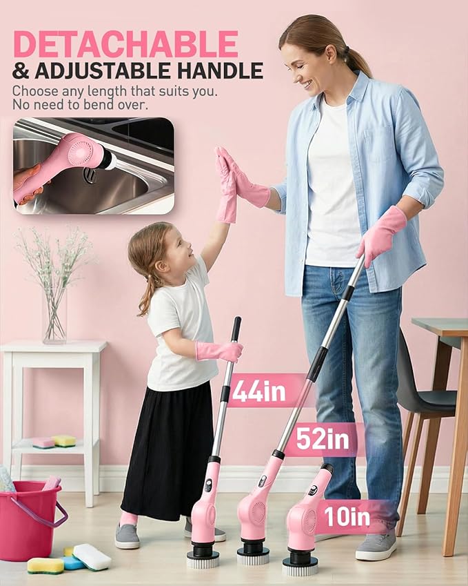 Electric Spin Scrubber, 3-Speed Cordless Shower Scrubber with Long Handle & 10 Replaceable Brush Heads, 90 Mins Runtime & Full-Body IPX7 Waterproof Shower Cleaner Brush for Bathroom Kithchen