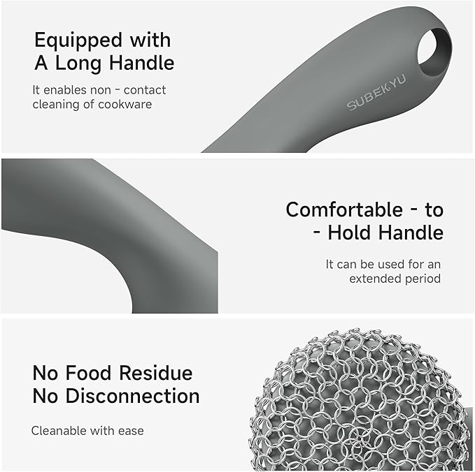 SUBEKYU Cast Iron Scrubber with Silicone Handle, Stainless Steel Skillet Cleaner for Cast Iron Pans (Gray Scrubber + Scraper)