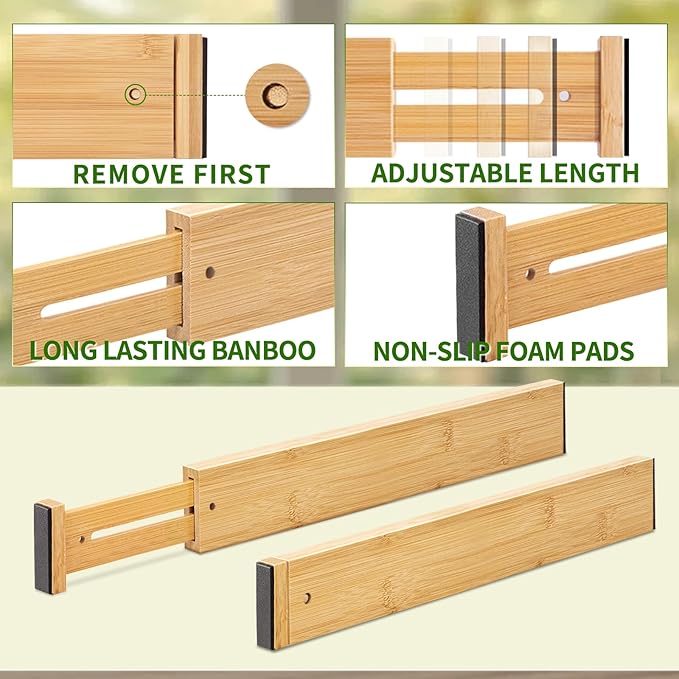 Aubeco Bamboo Drawer Organizers 4 Pack, 17-22" Adjustable Spring Loaded Dividers for Kitchen Utensils, Silverware, Clothes, Dresser, Bathroom and Office Storage