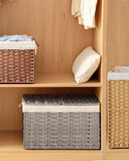Storage Basket with Lid Rattan Storage Basket with 2 Separate Lid, 27.8 Gallon (105 L) 25.2 * 15.4 * 16.1 Inches Woven Wicker Baskets with 2 Liners and Handles for Bedroom Laundry-Gray