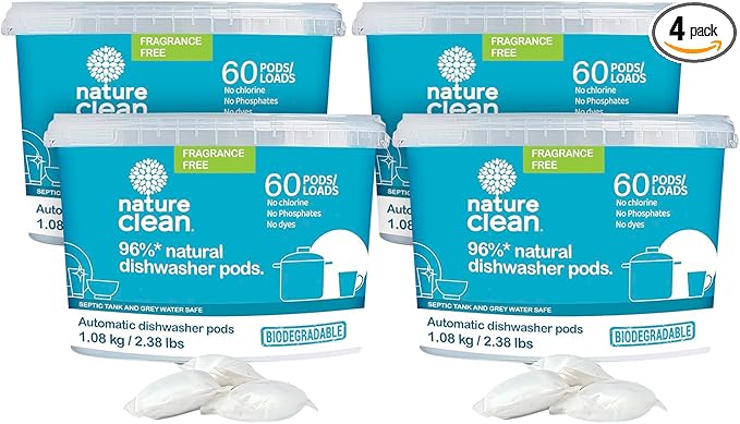 Nature Clean Non Toxic Dishwasher Detergent Pods, Plant-Based Dishwashing Pods, Non-Toxic & Unscented Dish Pods, Tough on Grease, Eco-Friendly Cleaning Power, 60 Count, Pack of 4