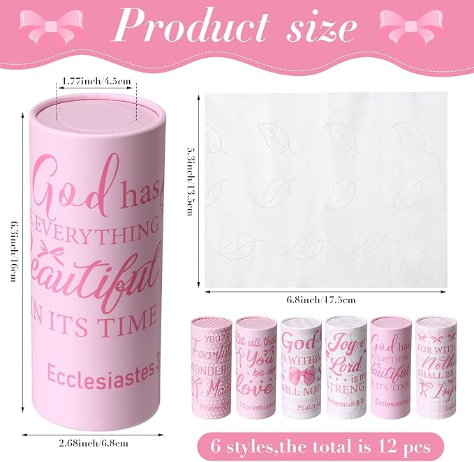 Outus 12 Pcs Christian Car Tissues Cylinder Holder with 3 Ply Facial Tissue Bulk Pink Bow Religious Round Tissue Holder Inspirational Scripture Travel Tissues Boxes Container for Car Cup Home Office