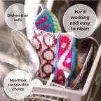 Skoy Scrub, 4-Pack Reusable, Non-Scratching Dish Scrubber for Kitchen and Household Cleaning, Planet-Friendly, Dishwasher Safe Soft Scrub, Assorted Colors and Designs