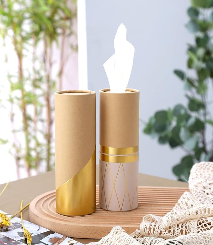 Car Tissue Holder with 3-ply Facial Tissues Bulk Gold Foil Car Tissues Cylinder, Tissue Holder for Car, Travel Tissues for Car Cup Holder, Refill Car Tissue Box Round Container Kraft (3PK)