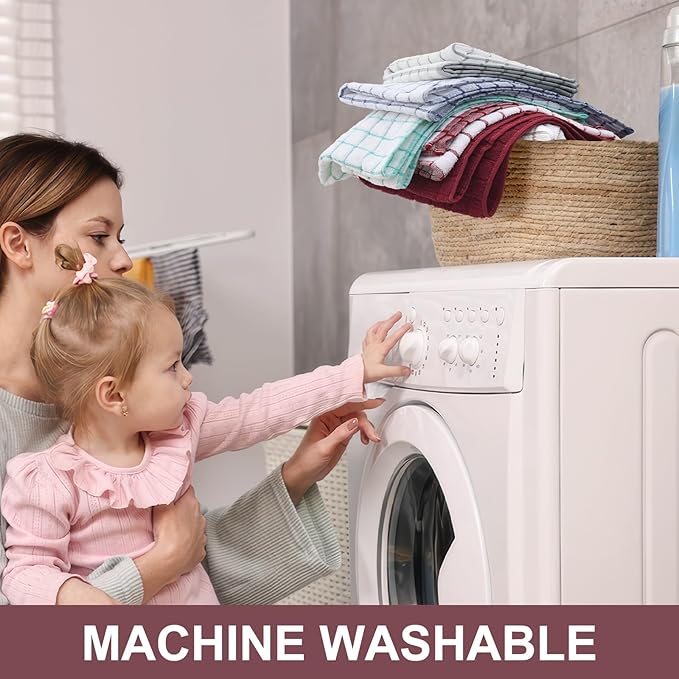 Homaxy Premium Cotton Kitchen Towels 16"x 28", Large Natural Ring Spun 390 GSM Dish Towels, Super Absorbent Terry Kitchen Hand Towels, Soft Tea Towel with Hanging Loop, Red Check Design,8 Pack