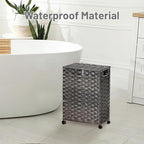 Hiagnete Toilet Paper Storage Basket with Lid and Wheels, Rattan Toilet Paper Holder Storage, Toilet Paper Organizer for Bathroom, Bedroom, Kitchen, 12.6”L x 7.1”W x 17.14”H, Grey