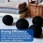 Wool Dryer Balls, New Zealand Dryer Balls Laundry Reusable Reduce Static Cling, Dryer Ball to Reduce Wrinkles & Shorten Drying Time, Drying Balls for Laundry(Pack of 6) (Black)