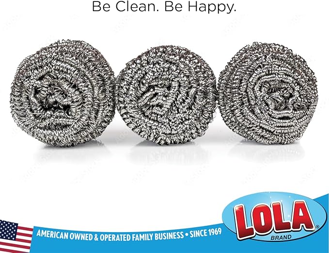 Stainless Steel Wool Scourer -Jumbo Sized- 35 Grams, by LOLA, Curled Flat Wire, Cleans Caked On & Baked On Messes on Cookware, 1 Pack