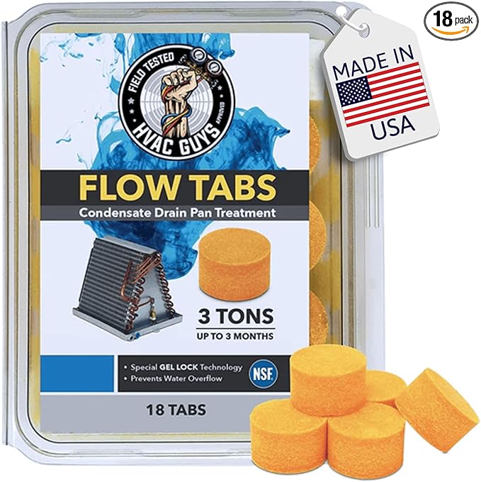 HVAC Guys Flow Tabs with Gel Lock Technology - 18 Pack - Keeps Drain Pans Clean, Prevents Overflow, 3 Ton Tab Lasts up to 3 Months - 1 Tab is equal to 18 Regular Tablets (324 total) - Made in the USA