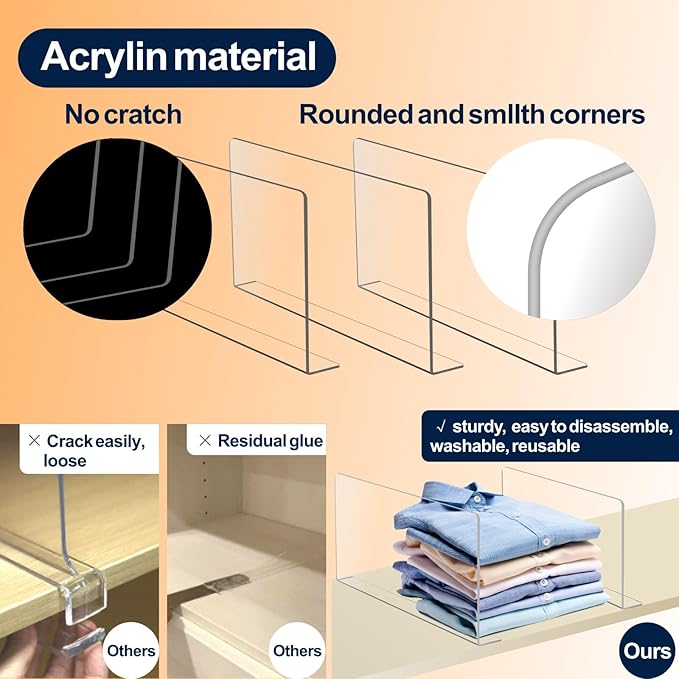 Acrylic Shelf Dividers For Closet Organization，Sweater Organizer For Closet - 12pack 8” Tall Clear Plastic Shelf Dividers For Closets Shelves Cabinets
